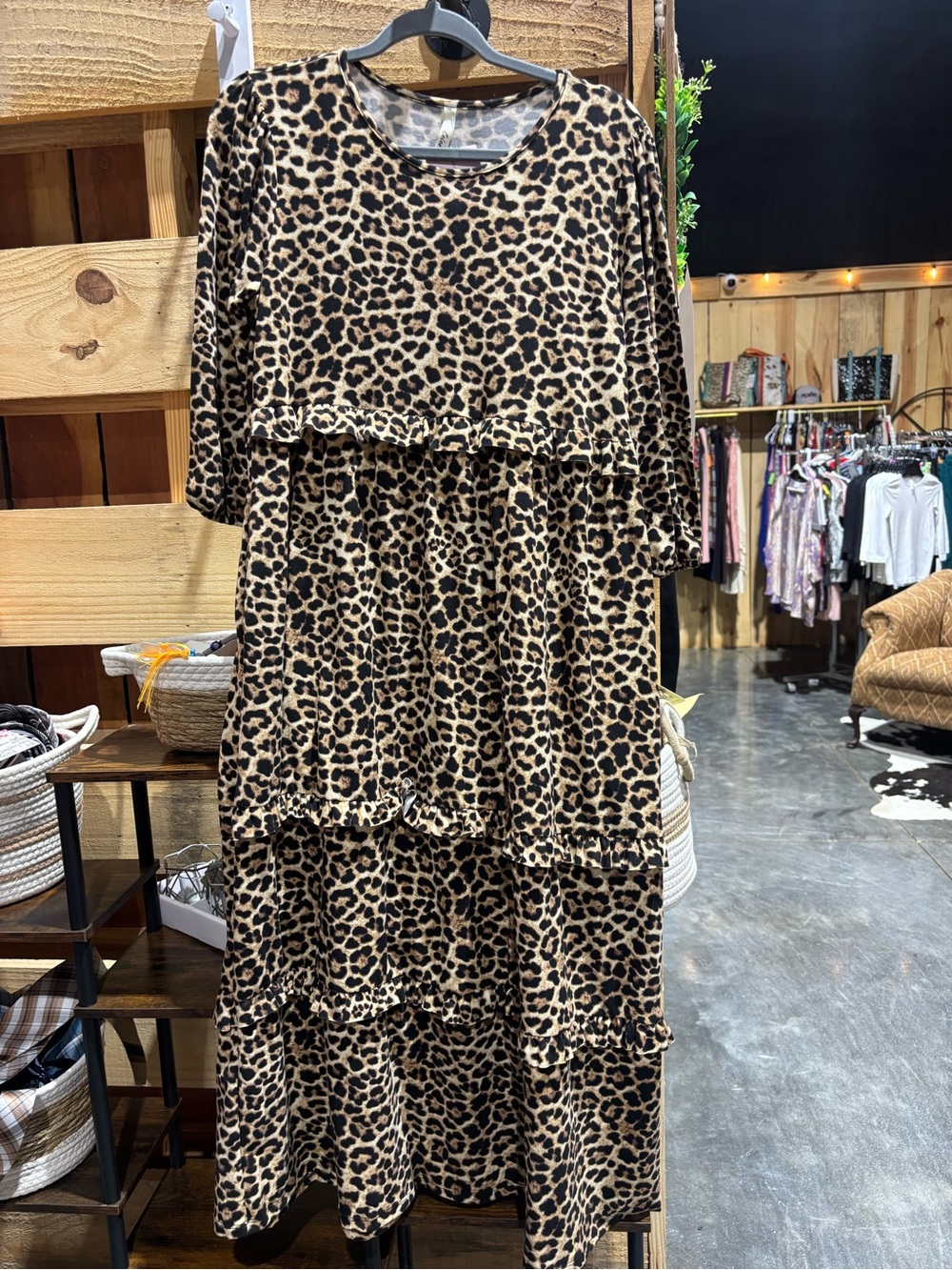 Celeste Leopard Print Tiered Midi Dress in Beige and Black